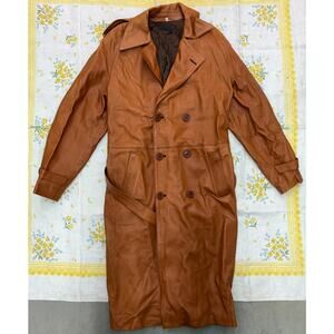 Made in Spain Leather Trench Coat Brown Double Breasted Men’s Size 40 Belted